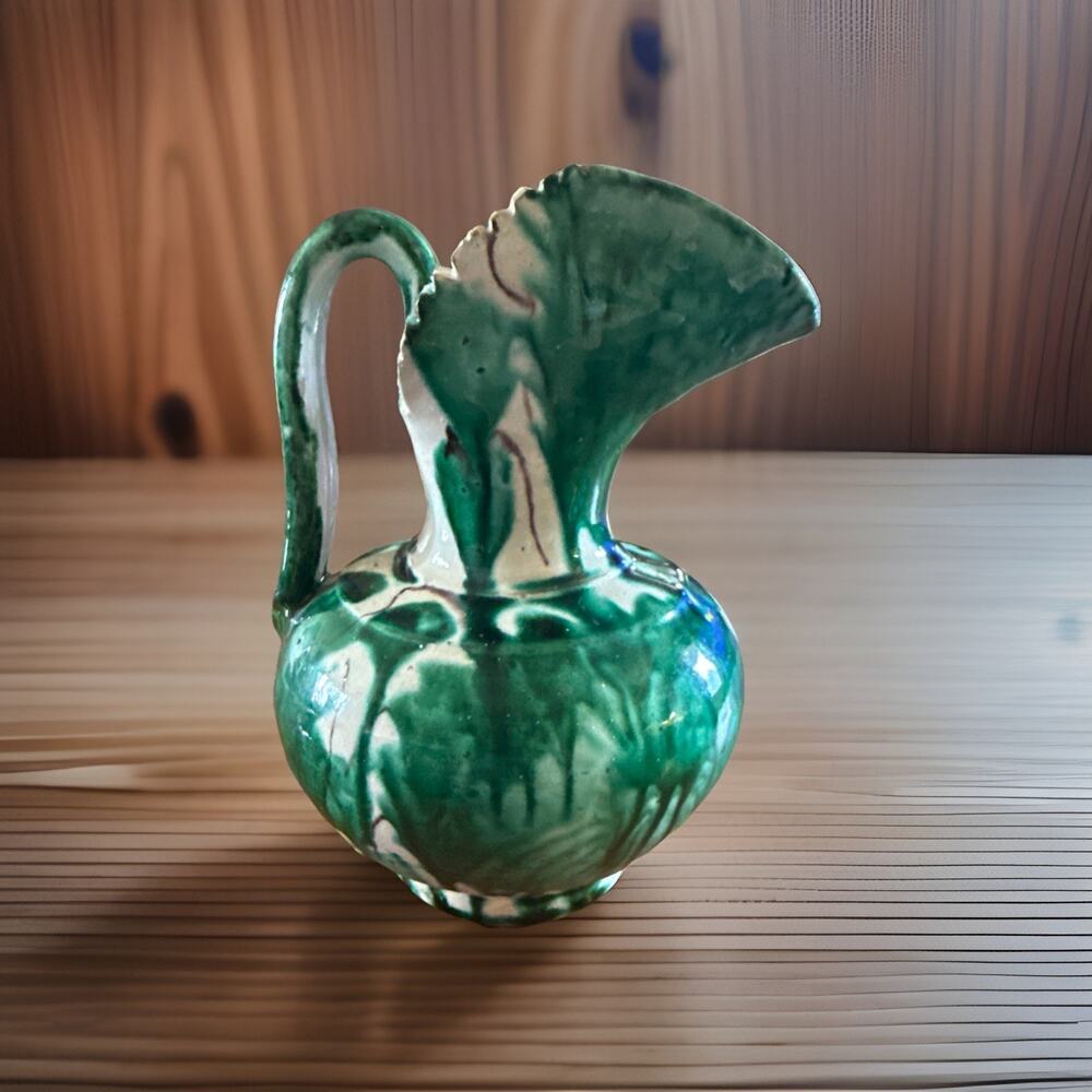 Vintage Mexican Pottery Pitcher Green Drip Glaze Sawtooth Rim Oaxaca Folk Art